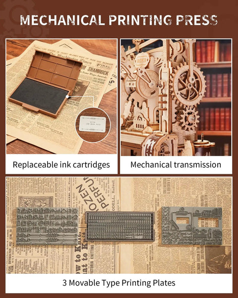 3D Puzzle Kit For Adults Wooden Printing Press Model Building Kit With 303 Pieces, DIY Wood Craft, STEM Hobby Toy, Includes Illustrated Manual, Screwdriver, Spring, And Custom Rubber Stamp Set For Creative Hands On Fun, wooden press close-up