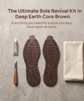 2 Pack Heavy Duty Rubber Sole Replacement Patches For Work Boots And Casual Sneakers Straightforward Home Do It Yourself Swap No Specialty Gear Needed To Fix Up Worn Out Kicks with brown rubber soles and repair tools.