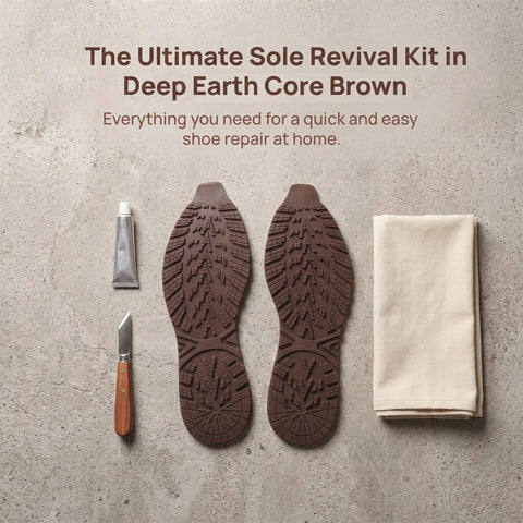 2 Pack Heavy Duty Rubber Sole Replacement Patches For Work Boots And Casual Sneakers Straightforward Home Do It Yourself Swap No Specialty Gear Needed To Fix Up Worn Out Kicks with brown rubber soles and repair tools.