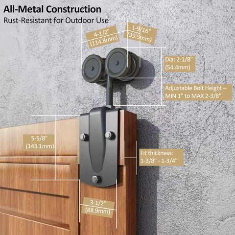 Heavy Duty Exterior Sliding Barn Door Roller Kit For Outdoor Use With Rolling Rollers 450 Lbs Capacity Powder Coated Black 2 Packs Anti Corrosion Galvanized Steel Hardware Designed For Outdoor Environments And Corrosion Resistance side view on installed door