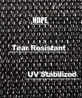 Close-up of Black Shade Cloth 70 To 80 Percent UV Protection 20 Feet By 20 Feet Sun Mesh Net showing HDPE construction, tear resistant.