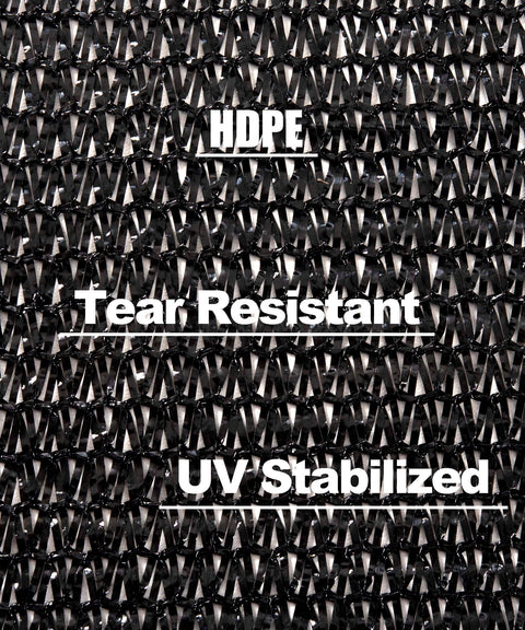 Close-up of Black Shade Cloth 70 To 80 Percent UV Protection 20 Feet By 20 Feet Sun Mesh Net showing HDPE construction, tear resistant.