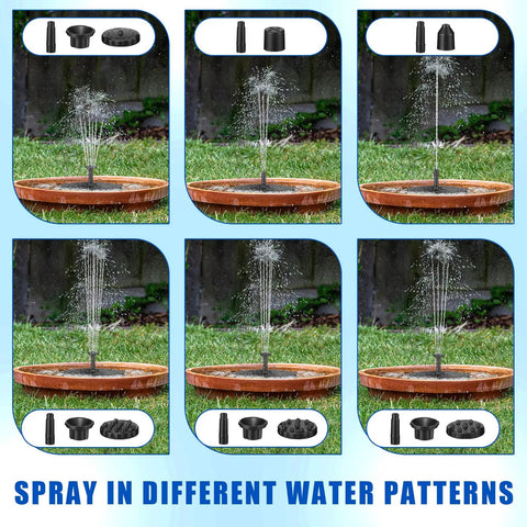 4 Pack Solar Bird Bath Fountain Pumps With 6 Nozzle Heads For Pond Garden Fish Tank Or Pool Battery Free Solar Powered Water Feature Kit showing different spray patterns.
