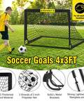 Portable 4x3 Ft Pop Up Soccer Goal for backyard and indoor use with boy playing, includes net and stakes.