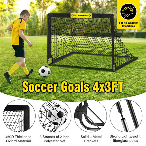 Portable 4x3 Ft Pop Up Soccer Goal for backyard and indoor use with boy playing, includes net and stakes.