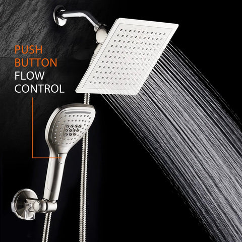 Ultra Luxury 9 Inch Rainfall Shower Head And Handheld Combo with Push Button Flow Control in Satin Nickel, flowing water