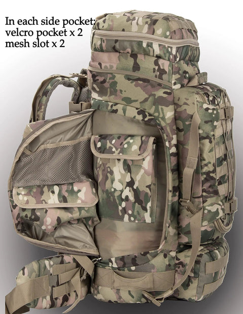 Beefed Up Large Military Style Backpack 70L Tactical Rucksack With MOLLE System side view showing pockets and camo design