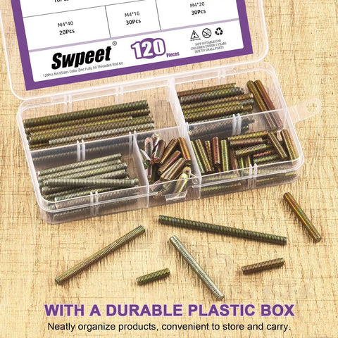 120 Piece Galvanized Carbon Steel Heavy Duty Fully Threaded Rod Kit In Six Handy Sizes M4 X 16mm, 20mm, 30mm, 40mm, 50mm, 60mm For Furniture Projects Machinery DIY Assembly, stored in plastic box
