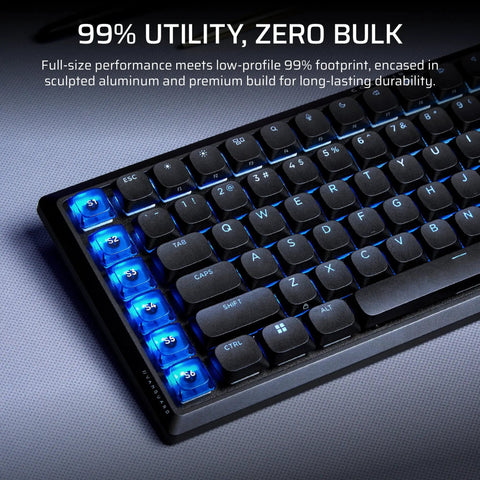 Next Level Wireless RGB Gaming Keyboard With Sleek Aluminum Build And Zero Clutter 99 Percent Layout Providing Crisp Feedback and Stream Deck Integration For A Clean Desk Flex Every True Gamer Swears By, featuring illuminated keys.