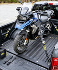 Retractable Ratchet Straps Set 2 Pack 2 Inch By 10 Foot Automatic Tie Down Straps With 2 Soft Loops Heavy Duty 3300 Pound Break Strength S Hook With Clip Self Retracting Strap For Motorcycle Kayak And ATVs Storage Bag Included securing a motorcycle in a truck bed