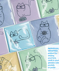 Front view of 10-pack pastel microfiber cloths with cat wearing glasses, assorted colors, individually wrapped