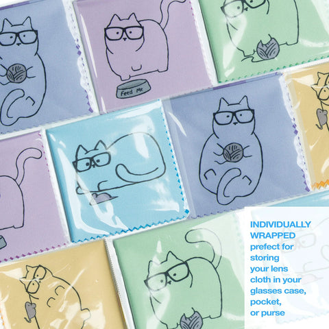 Front view of 10-pack pastel microfiber cloths with cat wearing glasses, assorted colors, individually wrapped