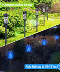 8 Pack Blue Solar Torch Lights With Lit Flickering Flame For Outdoor Decor Waterproof Garden Yard Pathway Porch Festival Lighting Adjustable 18 To 25 Inch Height during day and night