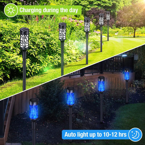 8 Pack Blue Solar Torch Lights With Lit Flickering Flame For Outdoor Decor Waterproof Garden Yard Pathway Porch Festival Lighting Adjustable 18 To 25 Inch Height during day and night