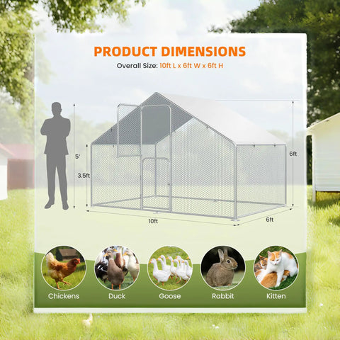 Walk In Metal Chicken Coop With Heavy Duty Outdoor Poultry Run And Protective Cover dimensions chart with animal icons
