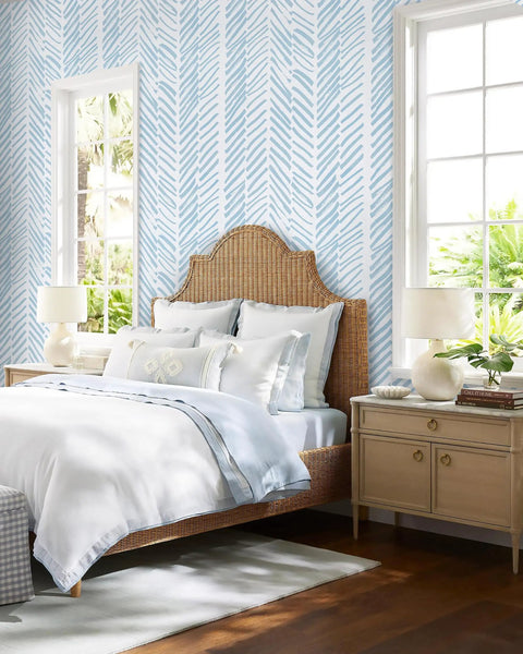 Bedroom with Blue And White Stripe Peel And Stick Wallpaper Self Adhesive Contact Paper Long Roll For Living Room And Bedroom Modern Embossed Look With Fresh Vibe Easy Install 17.7 Inch By 472 Inch Ideal Accent Wall Decor behind bed