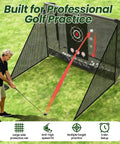 10x7Ft Golf Practice Net With Target Mat For Backyard Driving And Chipping Training, setup with golfer in garden