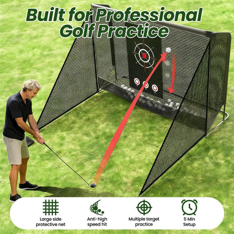 10x7Ft Golf Practice Net With Target Mat For Backyard Driving And Chipping Training, setup with golfer in garden