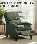 Green Fabric Recliner Chair With Soft Armrests, Adjustable Push Back, And Lumbar Support, Home Theater Seating in room