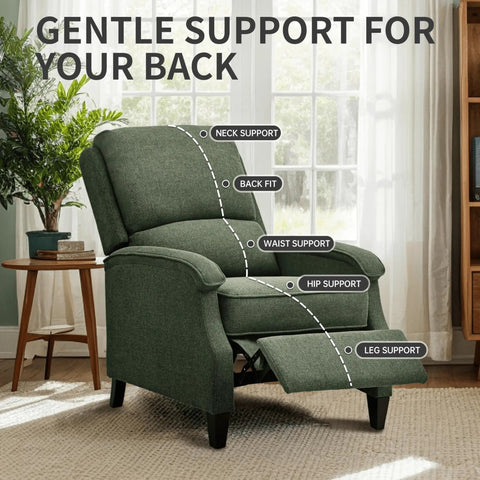 Green Fabric Recliner Chair With Soft Armrests, Adjustable Push Back, And Lumbar Support, Home Theater Seating in room