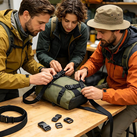 Hikers repairing backpack straps using Replacement Quick Release Buckles For 1 Inch Straps 6 Pack With 12 Tri Glide Fasteners