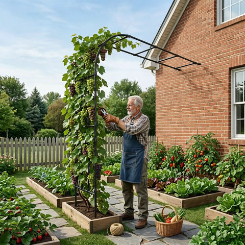 Man tending vines on Half Garden Arch Trellis For Climbing Plants Outdoor, Wall Mounted Beefy Black Metal Arbor, 98.4 W x 94.8 H.