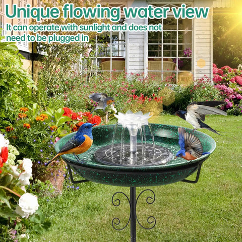 Solar Powered Bird Bath With Fountain For Hummingbirds, Durable 5 Prong Metal Stake Stand in garden with birds