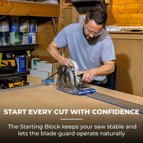 Man using saw in workshop with stable starting block, promoting zinc pocket hole screws 1 1/4 inch coarse thread maxi loc head indoor
