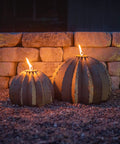 Golden Barrel Cactus Torch Outdoor Yard Art In Weatherproof Steel Large 18 Inch Wide By 13 Inch High Lawn Decor That Burns For 4 To 6 Hours Southwestern Desert Tiki Light For Backyard Vibes, two steel torch cacti illuminated.
