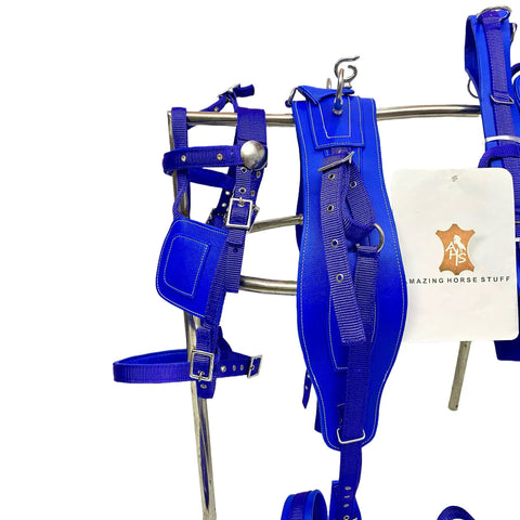 Blue Nylon Horse Driving Harness For Single Horse Cart Pony with chrome plated fittings, padded saddle, and buckles displayed.