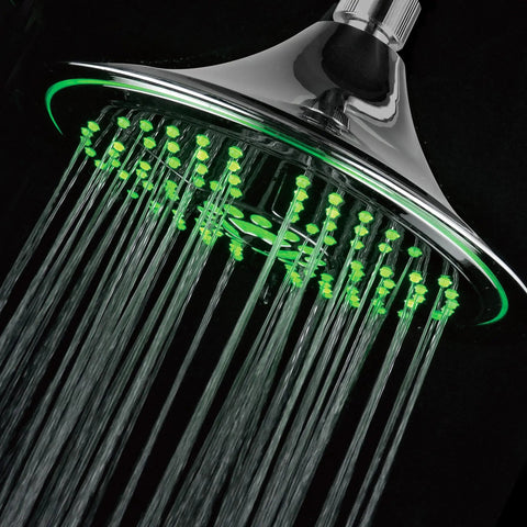 Ultra Luxe 8 Inch Rainfall LED Shower Head With Five Settings Chrome Face Water Powered Color Changing Temperature LEDs