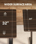 Top view of Electric Height Adjustable L Shaped Standing Desk With Massive Storage Cabinet And Open Shelving In Rich Black Walnut Finish.
