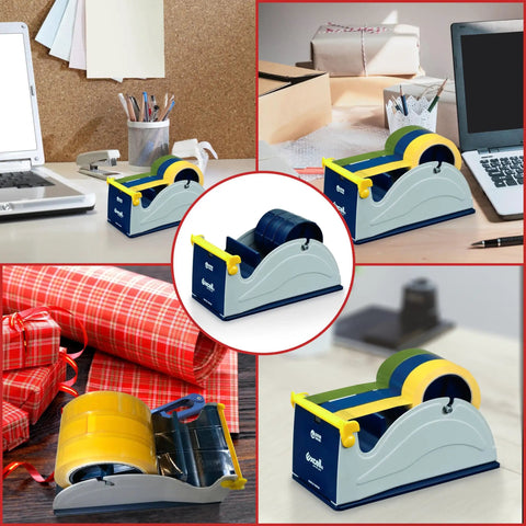 Blue Grey Premium Multi Roll Steel Desk Top Tape Dispenser Holds Three One Inch Tapes Or A Single Three Inch Wide Roll With A Three Inch Core And Up To Five Inch Outer Diameter Built Like A Tank For Your Busy Office on a desk with stationery.
