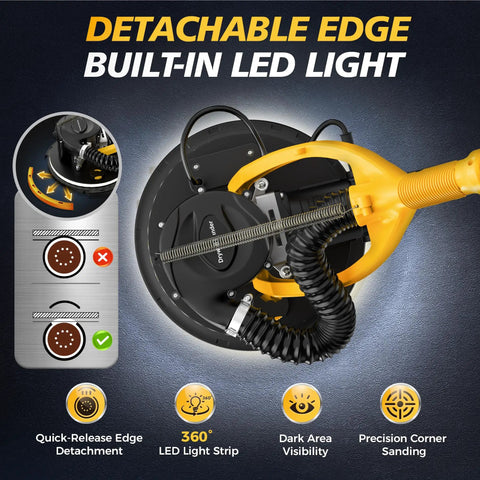 Pro Grade 880W Drywall Sander With Adjustable 5 Speed Settings And 1000 To 2100 Rpm Pure Copper Motor featuring detachable edge and built-in LED light.
