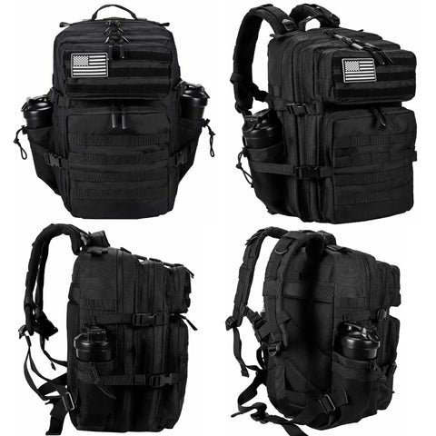 Rugged 45L Tactical Backpack for Men and Women With MOLLE System Assault Pack Rucksack, multiple compartment views.