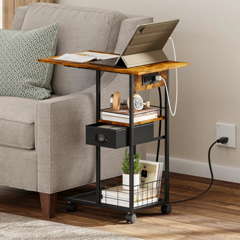 C Shaped Side Table With Charging Station And Wheels For Bedroom Living Room And Home Office Type C USB Ports And Two AC Outlets