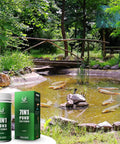 Super Slick 7-in-1 Pond Test Strips Easy-Peezy Water Quality Check for Fish Ponds with green packaging near pond and koi fish.