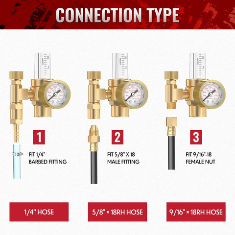 Three brass welding gas regulators with gauges and flow meters for Argon/CO2 welding