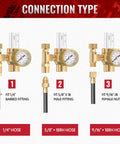 Argon CO2 Gas Flow Meter Regulator With 8.2FT Hose For MIG TIG Welding, Plug-In Ready CGA-580 Inlet, Connects To Argon Helium CO2 Tanks, 0 To 60 CFH Flow Gauge, Easy Install, Durable Weld-Grade Regulator For Home Garage, connection types for 1/4, 5/8, and 9/16 hoses