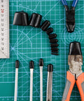320 Pieces Black Rubber End Caps Set With Round Vinyl Caps For Bolt And Screw Protection arranged on a grid board with tools.