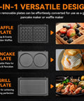 Bakers Friend Three In One Mini Waffle Maker With Swap Plates For Pancakes Grilled Cheese & Steak Indoor Grill Compact Breakfast Press Aquamarine waffle pancake and grill plates displayed.