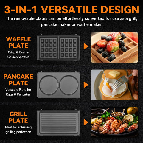 Bakers Friend Three In One Mini Waffle Maker With Swap Plates For Pancakes Grilled Cheese & Steak Indoor Grill Compact Breakfast Press Aquamarine waffle pancake and grill plates displayed.