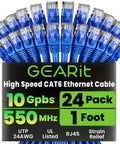 Cat 6 Ethernet Patch Cable 1 Ft Blue Pack Of 24 High Speed 10Gbps 24AWG Snagless Gold-Plated RJ45 Cables packaging