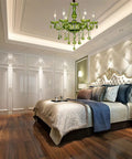 Luxurious bedroom with Green K Nine Crystal Candle Chandelier Modern Pendant Light Fixture with 6 Lights E12 Base Ceiling Lamp