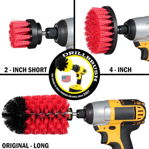 Drill Powered Outdoor Cleaning Brush Kit with three brush attachments: 2-inch short, 4-inch, and original long for quick grime cleaning.