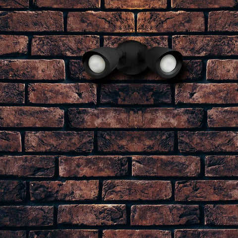 Outdoor Security Flood Light Dual Head 20W LED Bullet Style Flood Light 1900 Lumens IP65 mounted on brick wall