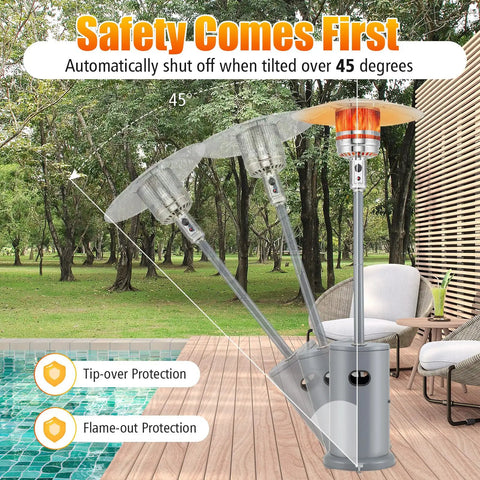 50,000 BTU Propane Outdoor Heater With Round Table Design, Wheels, Stainless Steel Burner, safety features by poolside