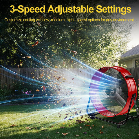 14000 CFM Heavy Duty Industrial Drum Fan blowing leaves in a yard, showcasing 3-speed settings and high velocity airflow