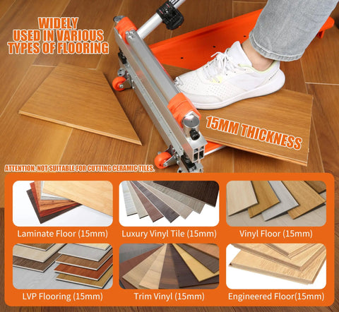 Heavy Duty 13 Inch Vinyl Floor Cutter With Wheels Built Tough For No Sweat Trimming Of LVP LVT VCT SPC WPC Engineered Wood Laminate Cutting Led Light HSS Blade Hella Smooth Cuts On Flooring Jobs showing 15mm laminate and vinyl flooring.