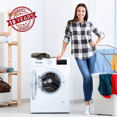 Woman with washing machine emphasizing 10-year warranty, suitable for 10 Ft Corrugated Washing Machine Drain Hose With Flexible Install.